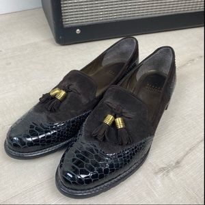 Stuart Weitzman Dark Academia Croc Embossed Patent Leather Penny Loafer